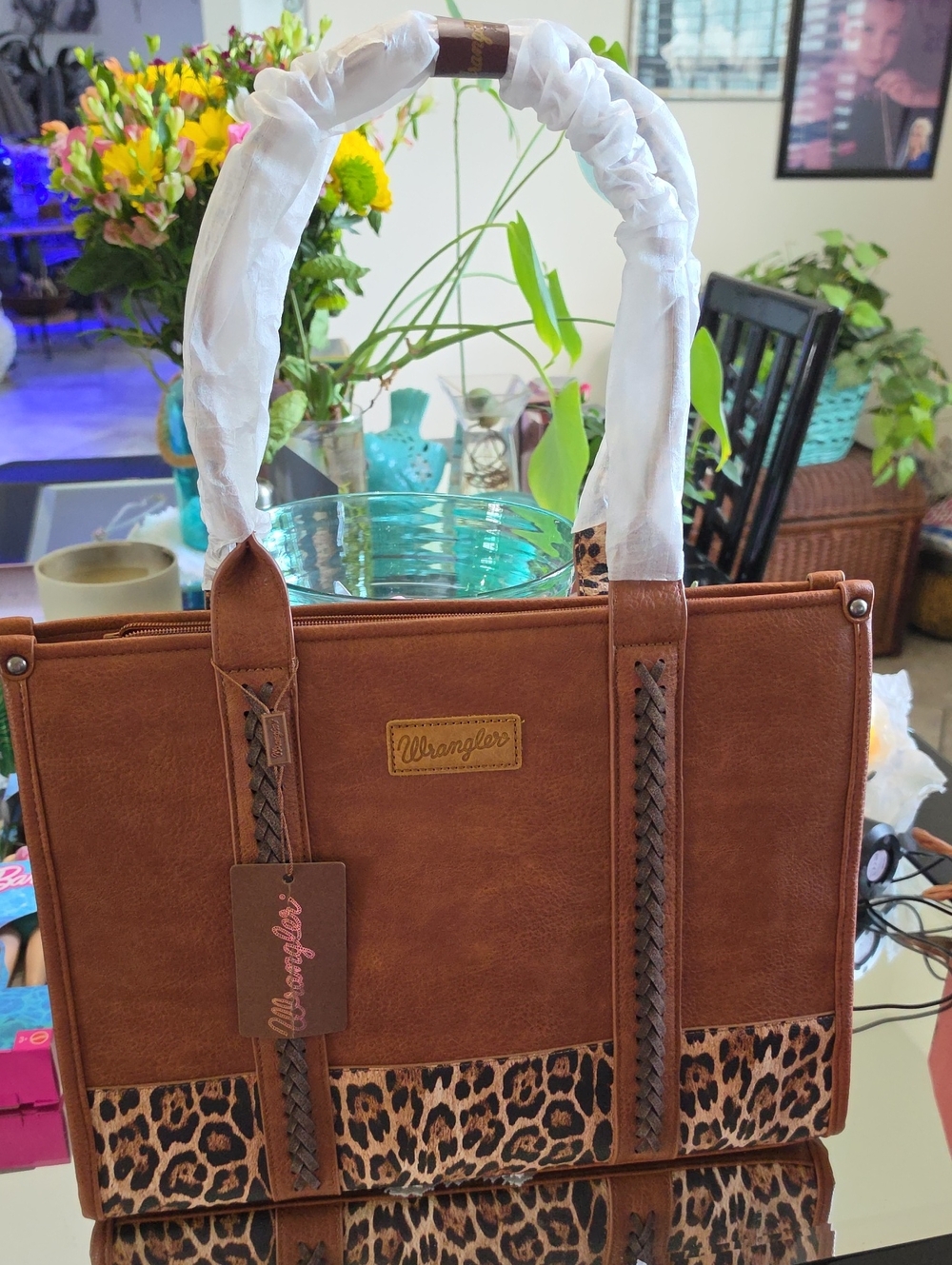 Wrangler Brown Laptop Tote with Leopard Accent